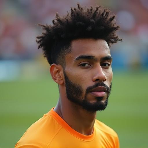 Indian man in orange jersey playing football. Young with black hair and sharp jawline. No facial hair.