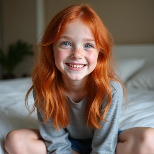 Cheerful girl with vibrant red hair and pale freckles. Sitting cross-legged on bed. Bright blue eyes and joyful expression. Soft natural light. Dressed casually in grey shirt. Cozy bedroom background.