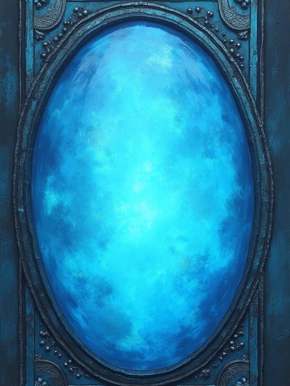 Fantasy card back design for a trading card game. Light blue color scheme. Adventurous and whimsical theme. Central glowing blue oval stone. Design is symmetrical and beautiful. No text included.