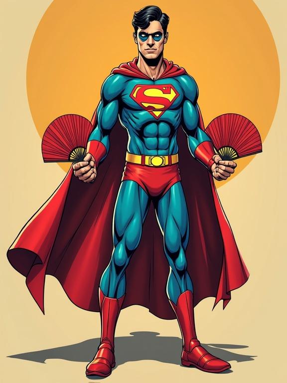 Comic book cover features a superhero. Character wears a suit with an 'F' logo. Superhero has folding fans as hands and feet. Character named Fanboy. Brightly colored with a striking background.