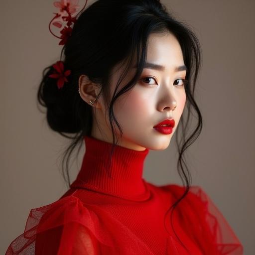 Japanese woman with a sweet face. Wearing a daring and elegant outfit: a dark red lace bodysuit hugging her figure, sheer black stockings with garters, delicate silver bracelets, and glossy straight hair cascading down with a playful fringe covering her intense almond-shaped eyes.