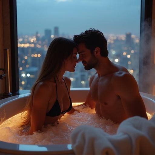 A romantic scene in a luxurious bathroom with a panoramic city skyline at dusk. A couple is in a large bathtub filled with warm water, surrounded by soft towels. The woman wears a delicate black bikini; the man is shirtless. They gaze into each other’s eyes, foreheads touching. The bathroom is modern and opulent, with steam rising from the bath. City lights twinkle in the background.