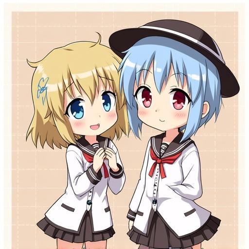 Two cute anime girls with big eyes standing together. One girl has blonde hair and blue eyes. Other girl has light blue hair and red eyes. Both wear school uniforms with black skirts and white jackets. They smile and pose cutely in a cheerful manner. The background is a simple grid pattern.