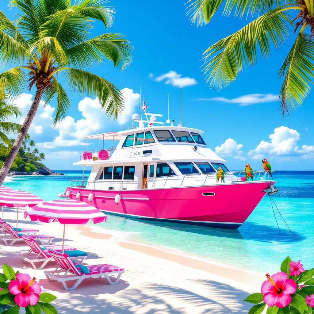 A large pink and white boat on a blue sea. Beach with palm trees and pink hibiscus flowers. Colorful parrots on the boat. Pink and white striped umbrellas and aqua chairs.