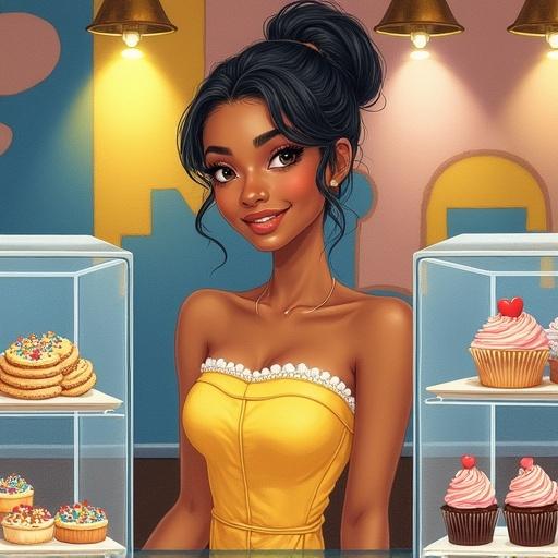 Colored pencil illustration of a young woman behind a bakery counter. She has brown skin and tied-back dark hair. She wears a strapless beige top and yellow apron. Warm inviting expression. Glass display case contains cookies and cakes. Second display case shows cupcakes with vibrant frosting. Back wall has abstract mural with geometric shapes. Dramatic warm lighting illuminates scene. Artistic texture and shading.