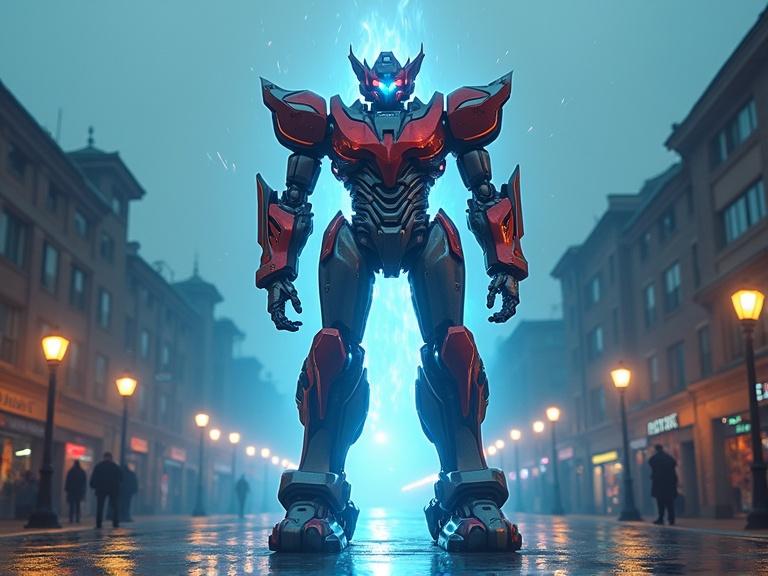 Live action cinematic depiction of a massive biomechanical robot at 200 ft tall. Robot displays a sleek aesthetic with red, blue, yellow, black, and dark silver tones. Glowing blue nanowires resemble muscles. Close-up angle showcases the robot's blue glowing face. The scene is set in a town plaza with people and stores. Bright white light and blue lens flare add depth. Dark blue filter creates a moody atmosphere. Sparks and shadows enhance realism.