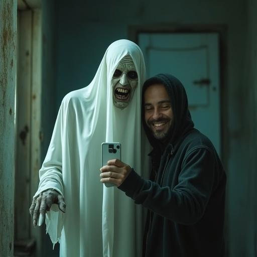 A ghost and a man taking a selfie together in a spooky house. The ghost has pale skin and looks old. Both are smiling. The background contrasts well with the subjects. The ghost appears slightly transparent and very scary.