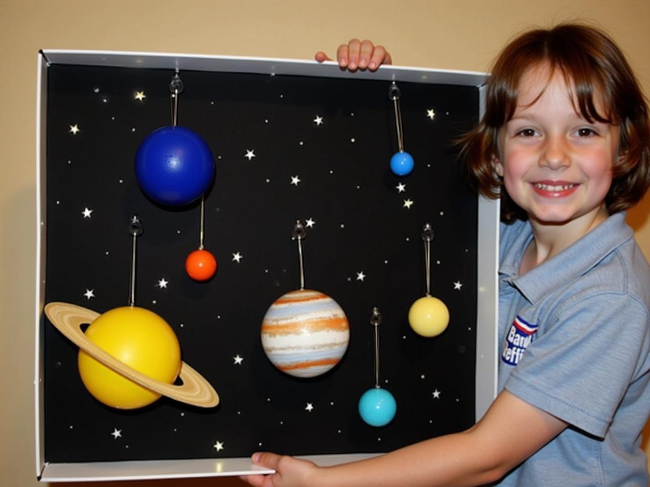 The image depicts a child holding a model of the solar system. The model is displayed in a large box with a black background, simulating a starry sky. There are brightly colored planets painted to represent each planet in our solar system, including the sun. The planets are suspended from wires, creating a three-dimensional effect. Small LED lights are also incorporated to resemble stars, adding a whimsical touch to the display. This project showcases creativity and is likely part of a school science project.