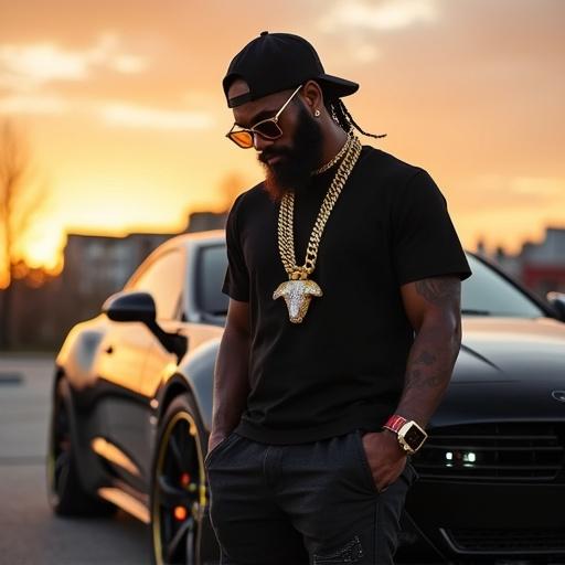 Detailed hyper-realistic photograph of a tall muscular brown-skinned man looking down at a phone. Man has black stylish braids and a trimmed beard. He wears a black fitted shirt and rugged urban jeans. Accessories include a Miami cuban link necklace with a goat head medallion, a matching bracelet, and diamond earrings. He has cherry red snakeskin sports shoes. Leaning against a shiny black Saleen S7 during golden hour in a city parking lot.