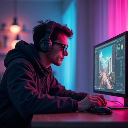 A cool man without a beard wearing headphones sitting at a computer. Digital art style with colorful lighting in the background.