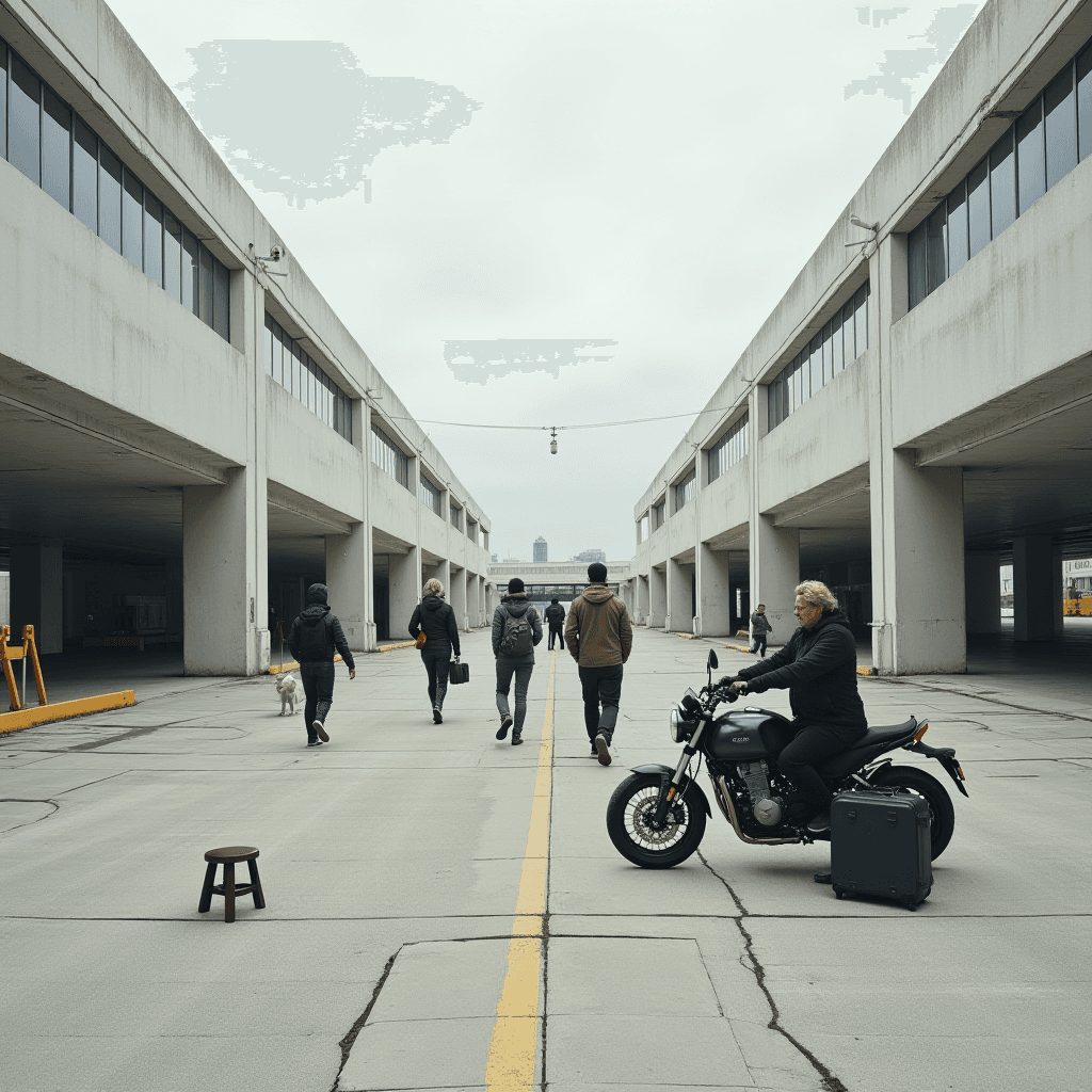 The image captures a wide alleyway flanked by two large, concrete buildings with extensive windowed facades. The scene conveys a sense of urban stillness, with overcast skies lending a moody ambiance. In the foreground, an individual sits on a black motorcycle, positioned next to a suitcase on the ground. A small round stool is placed on the pavement nearby. In the background, a group of people, bundled in jackets, walk away from the camera. A dog trotting alongside one of them adds a casual touch. The scene feels both cinematic and serene.