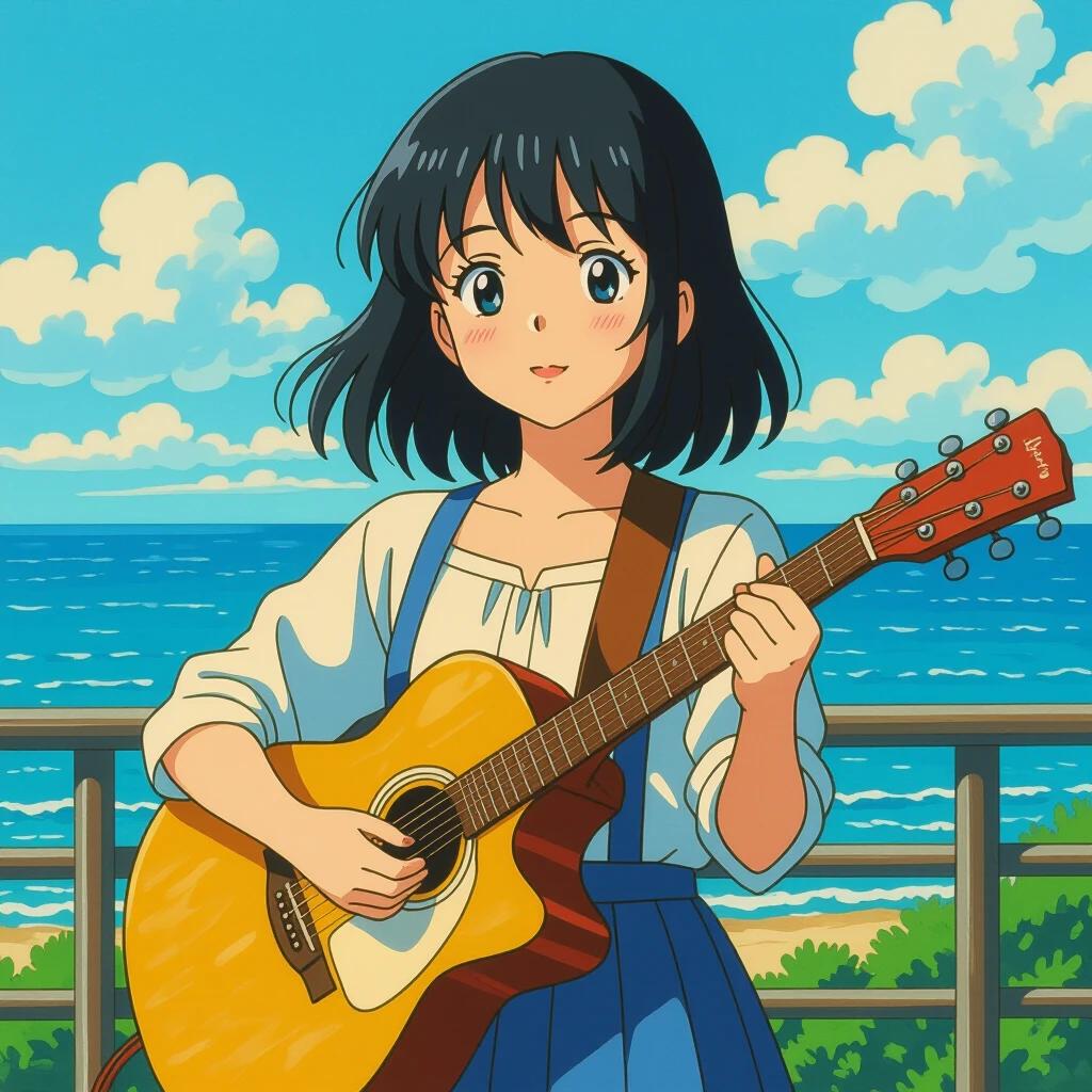 Oil painting of a girl in an anime style. She plays the guitar on a balcony with an ocean view. Blue sky with clouds. Lush greenery below. The character is wearing a loose shirt and shorts. Joyful expression while playing.