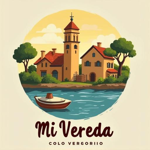 Create a marketing graphic for a program promoting the history of village paths. The image should feature a charming house by the water, surrounded by trees, with a small boat nearby. Use a warm color palette and include the text Mi Vereda.