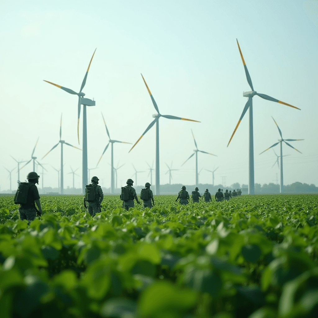 Soldiers walk through a lush field with towering wind turbines in the background.