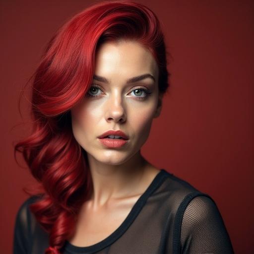 Portrait of a model with red hair and a soft expression. Background is textured and warm. Focus on beauty and elegance.