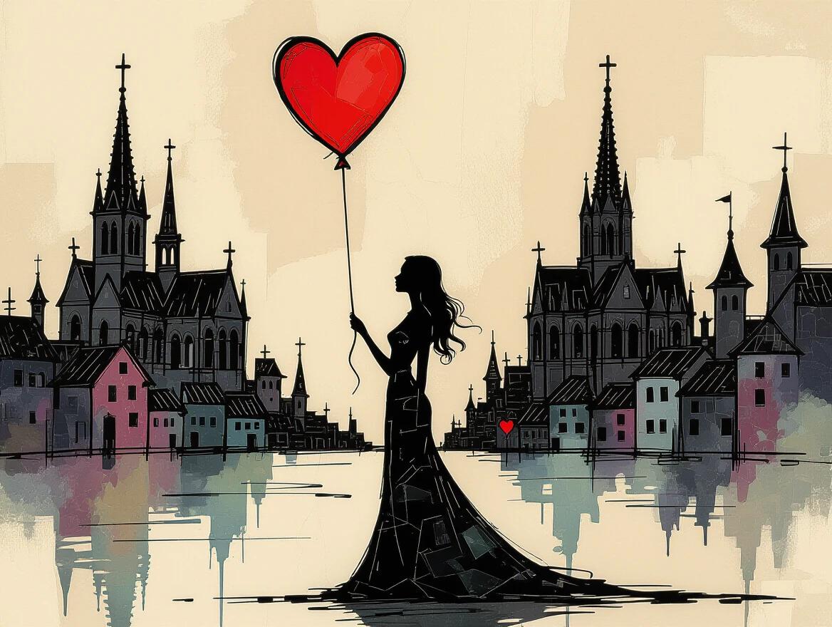 Slim woman stands holding a red heart balloon. Background features tall cathedrals and a quaint village. Soft muted beige color dominates the scene. The art style combines whimsical character design with gothic elements. Strong contrasts in lighting create an atmospheric feel. Textural details filled with brushstrokes and ink lines convey emotion.