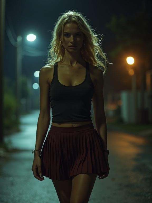 Blonde woman walking confidently alone at night in a neighborhood. She wears a mini pleated skirt and tank top. Streetlights illuminate the scene.