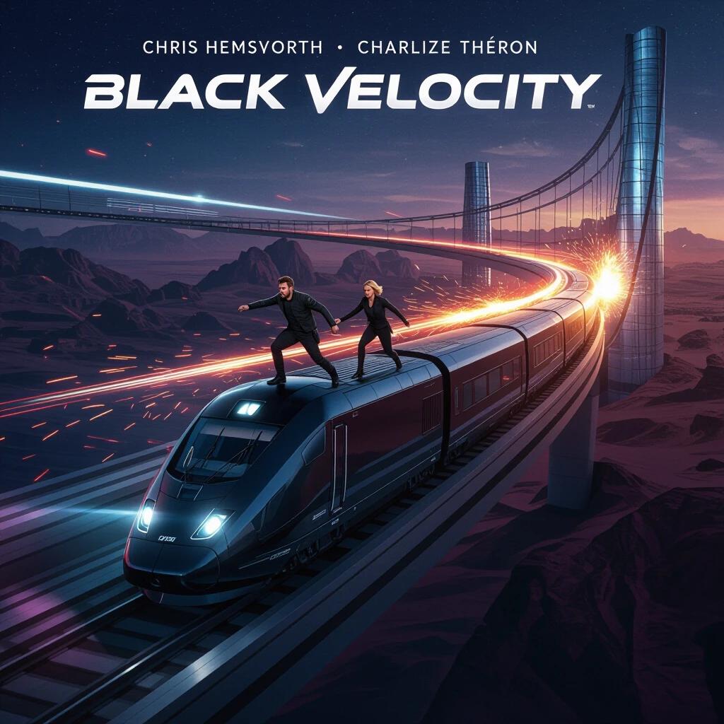 Cinematic poster features two elite agents racing across a futuristic hypertrain. Sparks trail through the air. The train curves around a glass canyon. Glowing energy bursts light up the desert night. Bold movie title in chrome font at the bottom. Deep blue night tones with bright light bursts reflect off metallic surfaces.
