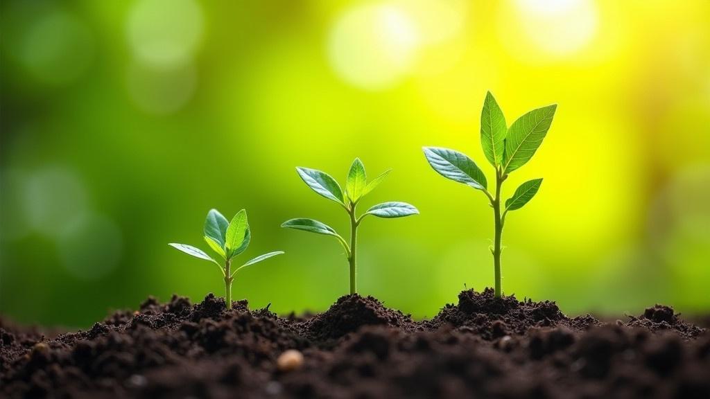 Professional stock photography showing three young plants at different growth stages Emerging from brown soil. They are arranged from left to right with the smallest on the left and the largest on the right. A blurred green and yellow gradient background suggests an outdoor natural setting with sunlight filtering through foliage.