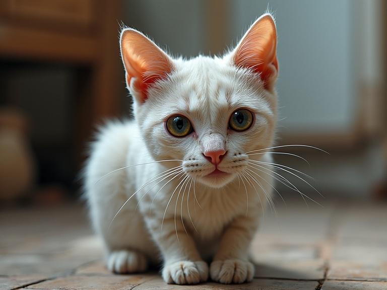 A close-up view of a white kitten with large expressive eyes. The soft natural light highlights its features. The cat's position is low to the ground, on a tiled floor.