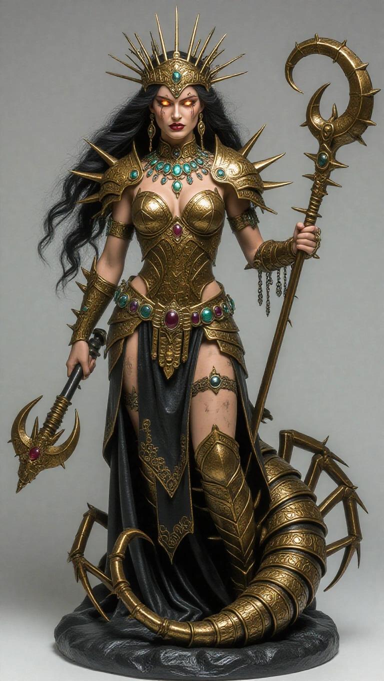 Resin sculpture inspired by Scorpio. Half woman half scorpion. Torso is covered in golden armor. Lower half has scorpion features. Majestic expression and glowing eyes. Spiked crown and long hair. Holding an ancient weapon.