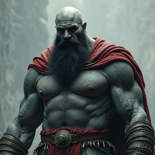 Goliath barbarian with Grey skin bald head and black beard wears red cloak. Stands confidently in a dramatic landscape.