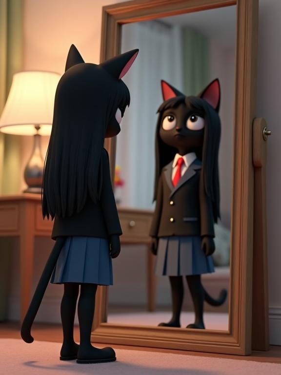 A full-body shot of a young female humanoid cat with glossy black fur and long black hair. She wears a black blazer with a white shirt and red tie, paired with a blue pleated skirt. The character stands in front of a large mirror, looking reflective and contemplative. The room is softly lit with hints of elegant furniture.