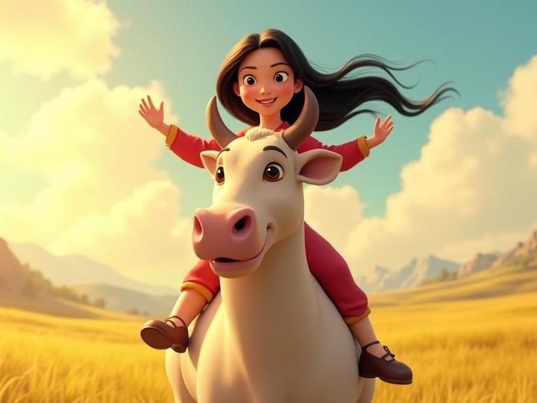 In closeup, Mulan joyfully rides a happy cow. Sunny day, peaceful field surrounds them. Focus on Mulan's happiness and slow, gentle movements.