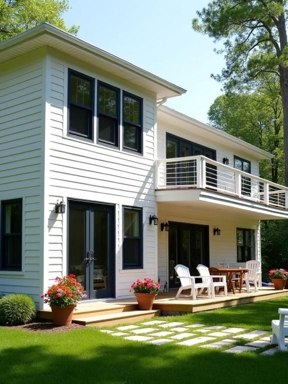 A modern two-story white house features flat roof and dark-framed windows. The first floor has windows and double doors leading to a wooden deck. A second-story balcony sits above the doors. Potted plants with colorful flowers decorate the scene. A paved stone walkway meanders through the garden. The lawn is green and well-maintained. Tall trees provide a backdrop. The sky is light blue with sunlight.