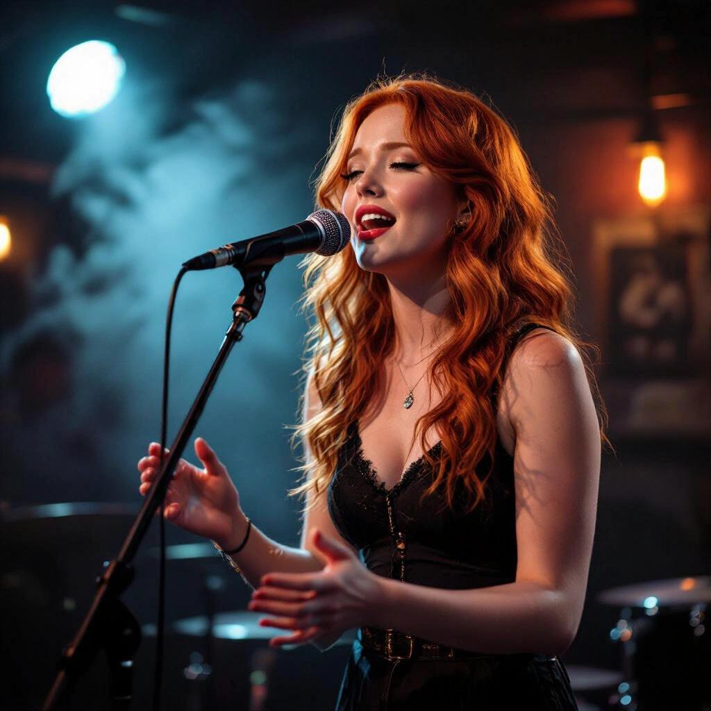 Red haired girl sings passionately on stage in a dark pub with smoke.