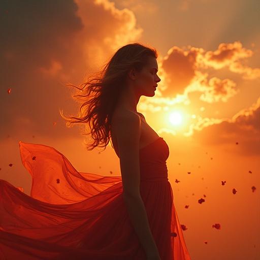 Musical single cover featuring a female figure in profile. She is wrapped in semi-transparent flames transforming into rose petals. Background shows a twilight sky with fiery clouds and golden reflections. The atmosphere conveys rebirth and inner strength. Elegant gothic text above says 'Through the Fire', with 'Selene Riva' in glowing cursive below. Warm palette of reds, oranges, gold, and deep violet. Cinematic lighting with thin smoke details and floating light particles.