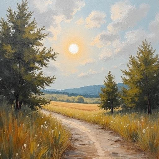 Impressionism painting with visible brush strokes and canvas texture. Beautiful sunset over a serene lake. Trees along the shore create a natural frame. Soft colors blend harmoniously in the sky and reflection.
