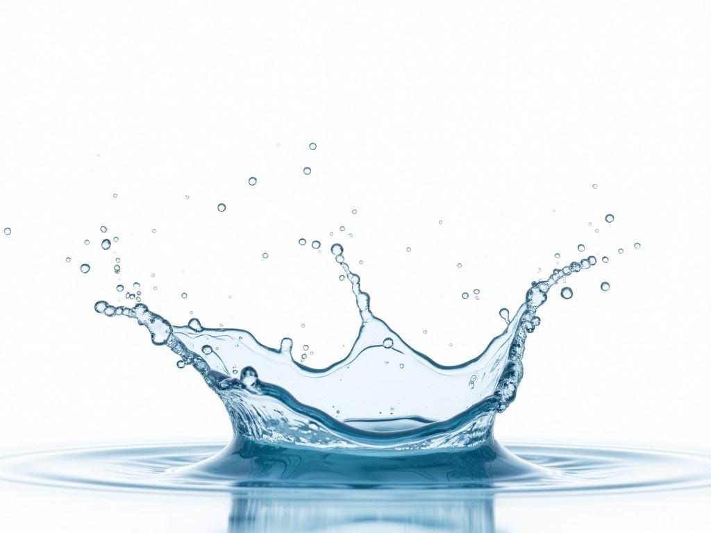 A vibrant water splash captured in mid-action, isolated against a bright white background. The image showcases clear, sparkling droplets of water bursting outward in a dynamic display. The shapes of the splashes create a sense of movement and energy, as if the water is freezing in time. The reflections and light bending through the water enhance its visual appeal and clarity. This artistic depiction highlights the beauty of liquid motion and its intricate forms.