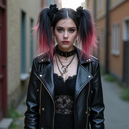 Goth punk woman standing in alley. Colorful hair in buns with ribbons. Black leather jacket. Lace knee high dress. Hands adorned with punk rings. Beautiful hazel eyes with dark eyeliner.