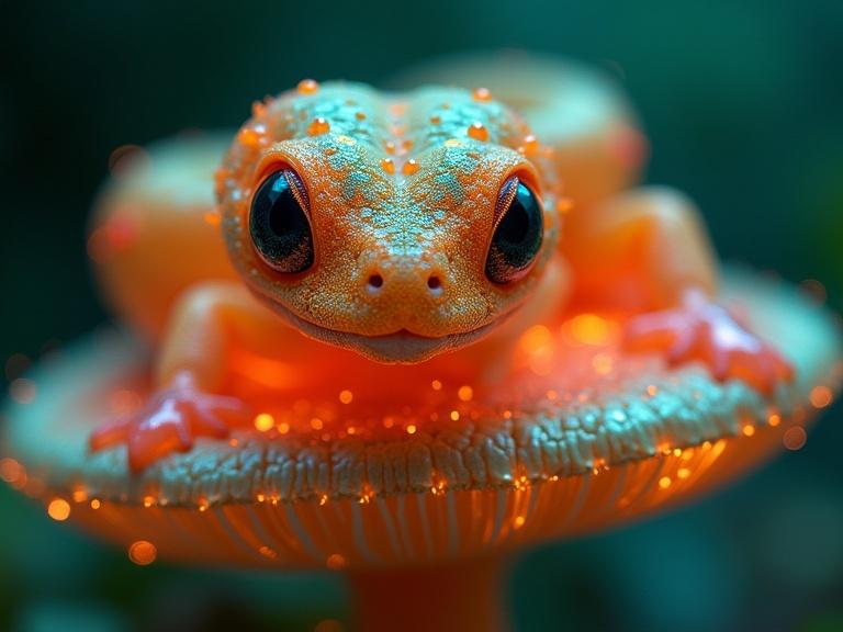 A neon orange alien snake with large eyes is perched on a glowing mushroom. The scene features vibrant colors and intricate details. The atmosphere is otherworldly and fantastical with bioluminescent flowers in the background.