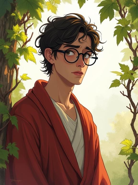 A young timid man with round glasses stands outdoors. He wears robes and has a worried expression. Vines surround him, adding to the atmosphere. The background fades into watercolor splashes.