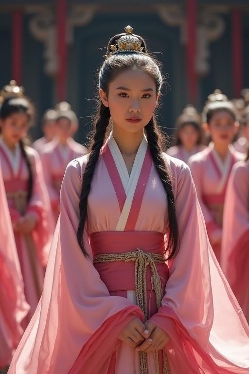An attractive woman inspired by Mulan with long hair in two side pigtails. Dressed in a pink silk hanfu. Surrounded by women in similar attire in a Chinese castle.