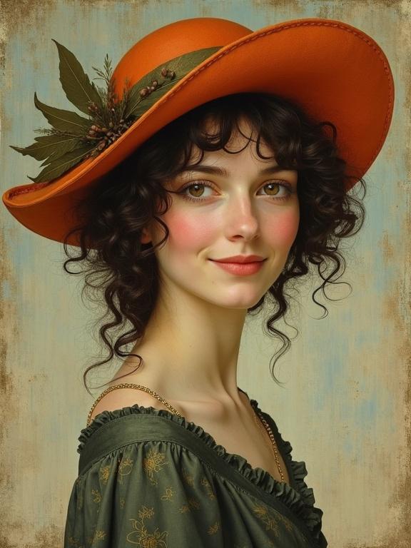 Portrait of a smiling woman with a distinctive orange hat adorned with foliage. Heartwarming expression and natural setting
