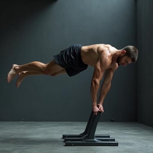 Photorealistic full-body shot of a male calisthenics athlete. Executing perfect straddle planche on dark grey parallettes. Body horizontal and parallel to ground. Arms locked at elbows. Scapulae protracted and depressed. Head neutral, gaze intense. Legs in wide symmetrical straddle. Core engaged. Cinematic, dramatic, inspirational style. Studio-quality lighting with defined shadows. Minimalist indoor environment. Vertical aspect ratio, dynamic perspective. 8K ultra-realistic quality.
