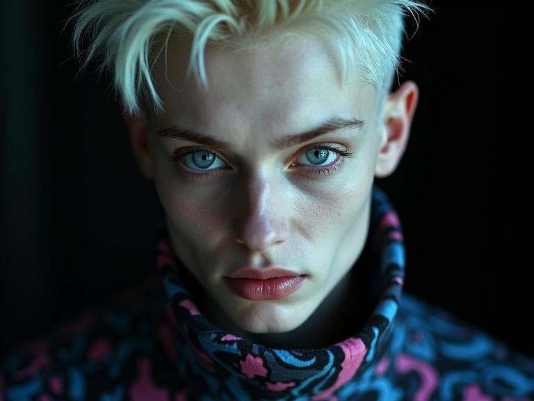 Create a close-up portrait of a fair-skinned person with an androgynous appearance. The subject has platinum blonde hair styled upwards and piercing blue eyes. Use dramatic lighting to create strong contrasts and shadows on the face, keeping a dark background to enhance the focus on the subject.