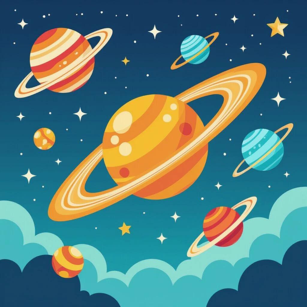 Colorful space themed illustration featuring planets with rings and stars in a night sky