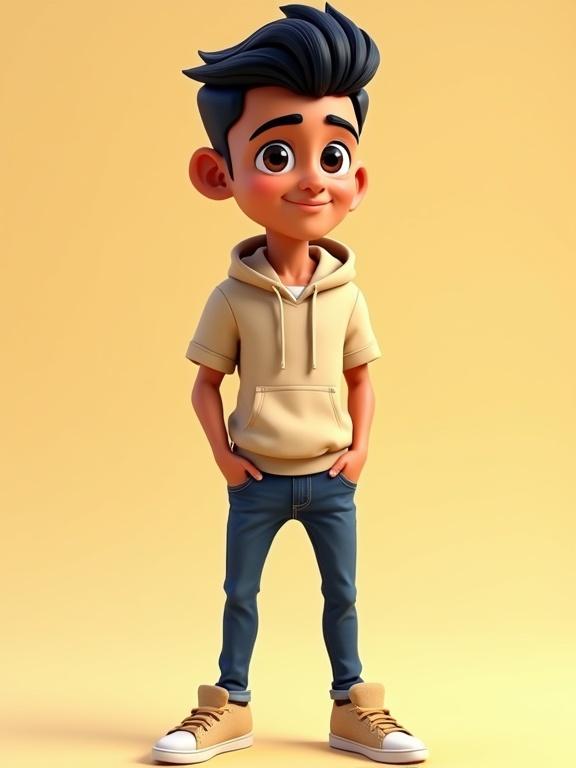 Create 3D cartoon character of young Egyptian male. Character has warm skin tone dark eyes black hair. Wears trendy casual clothing fitted t-shirt hoodie slim-fit jeans sneakers. Style is vibrant youthful with confident friendly expression. Relaxed dynamic posture reflects contemporary urban vibe. Bright natural colors simple cartoon shading.