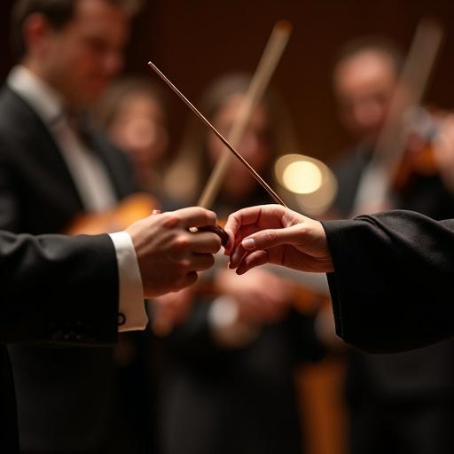 Intimate close-up of a polished wooden conductor's baton being transferred from a man to a woman. Man's hand in a tailored black wool suit; woman's hand in an elegant black silk dress. Fine detail in textures visible. Dramatically lit image with soft creamy bokeh background suggesting an orchestra. A warm, golden rim light and soft key light used to enhance the atmosphere. Hyper-realistic photography style.