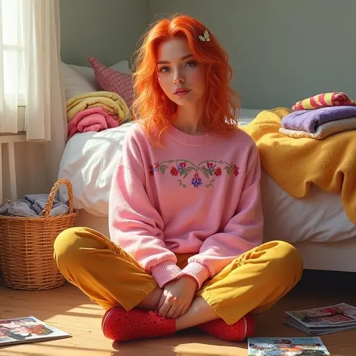 Highly detailed illustration of a young woman in a cozy sunlit room. She has orange hair and wears a pink oversized sweater. Sitting cross-legged on a wooden floor, yellow pants and red clogs. Room contains colorful clothes, a wicker basket, and fashion magazines. Soft lighting casts warm shadows, showcasing realistic textures.