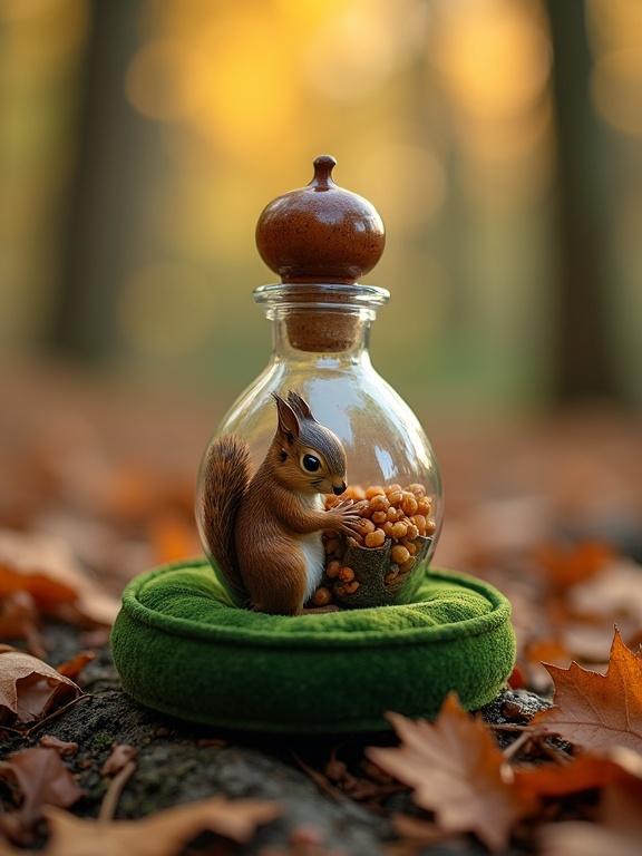 Close-up of a squirrel inside a glass vial with acorn-shaped stopper. Surrounded by autumn foliage and soft golden light. A green velvet cushion supports the vial. Squirrels in the background carving runes.