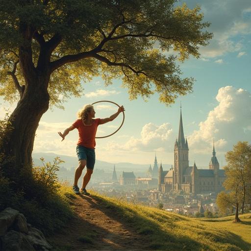 An illustration depicting a man under a tree with an apple above his head. An athlete is throwing a discus. A historical figure is present. The background shows remnants of a city destroyed in World War II. Symbols representing Dutch political parties are included.