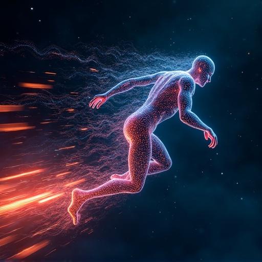 High quality digital art rendering shows an abstract futuristic scene. A figure composed of interconnected lines and nodes suggesting movement. Background is dark with stars and colorful streaks of light. Captures advanced technology and artistic abstraction.