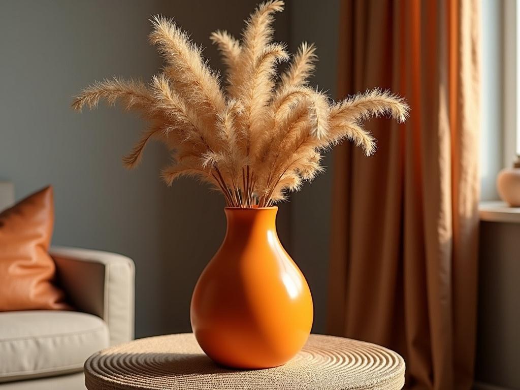 In a cozy interior scene, there is a striking orange vase filled with dried flowers. The vase is a modern shape, bold and bright against the muted colors of the background. The dried flowers are tall and fluffy, adding texture to the arrangement. They're positioned prominently in the vase, creating a focal point on a small round table. Surrounding the vase is a textured mat, which complements the overall aesthetic of the setting.