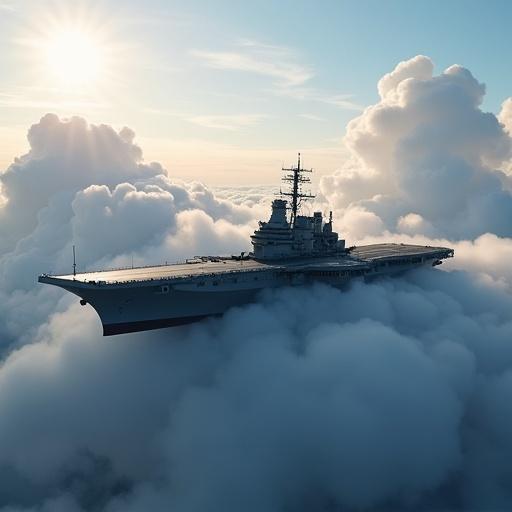 An aircraft carrier floats in a sea of clouds. Sunlight breaks through the clouds, highlighting the carrier. The scene is a high-angle view.