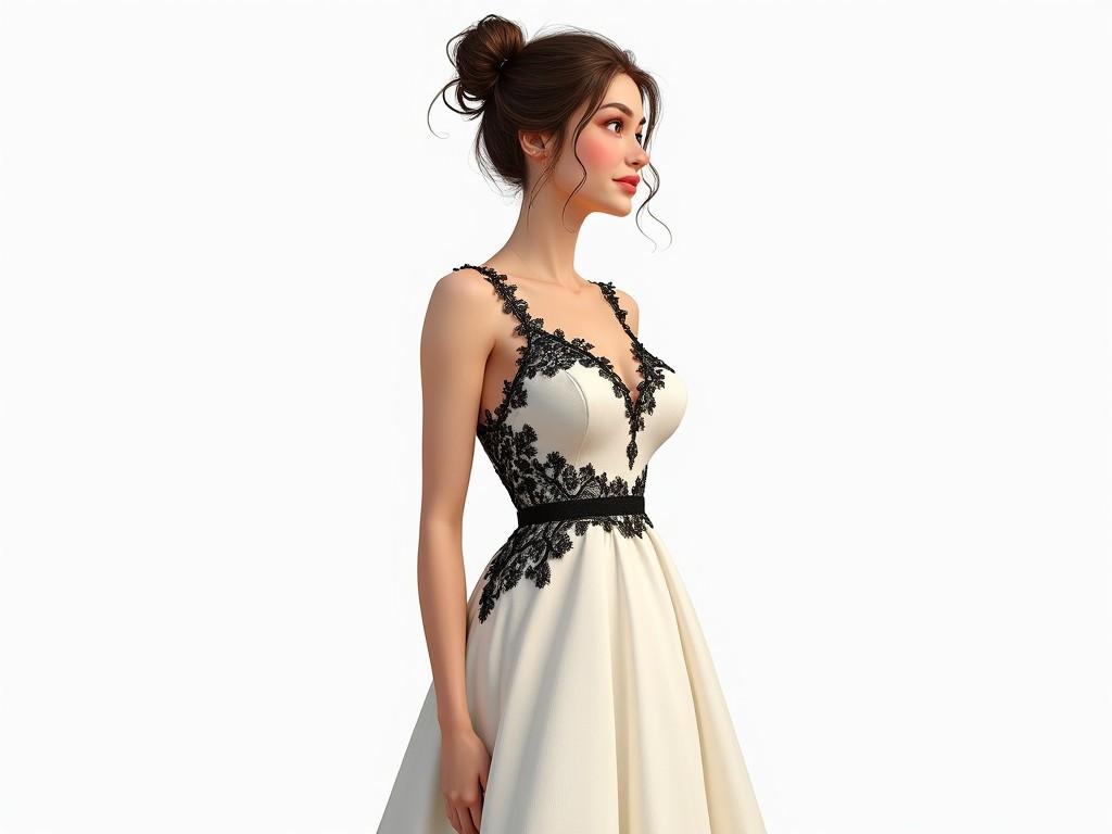 A young woman poses gracefully in an elegant dress. The dress is predominantly white with striking black lace detailing. She has a natural, soft makeup look that complements her features. Her hair is styled in a relaxed bun, and she stands in a poised side profile. The background is bright and minimalistic, allowing the dress to be the focal point of the image. This image showcases a blend of sophistication and modern fashion trends.